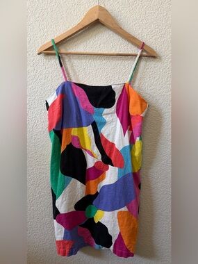 A New Day Medium Colorful Abstract Summer Dress Spaghetti Strap Linen/Rayon